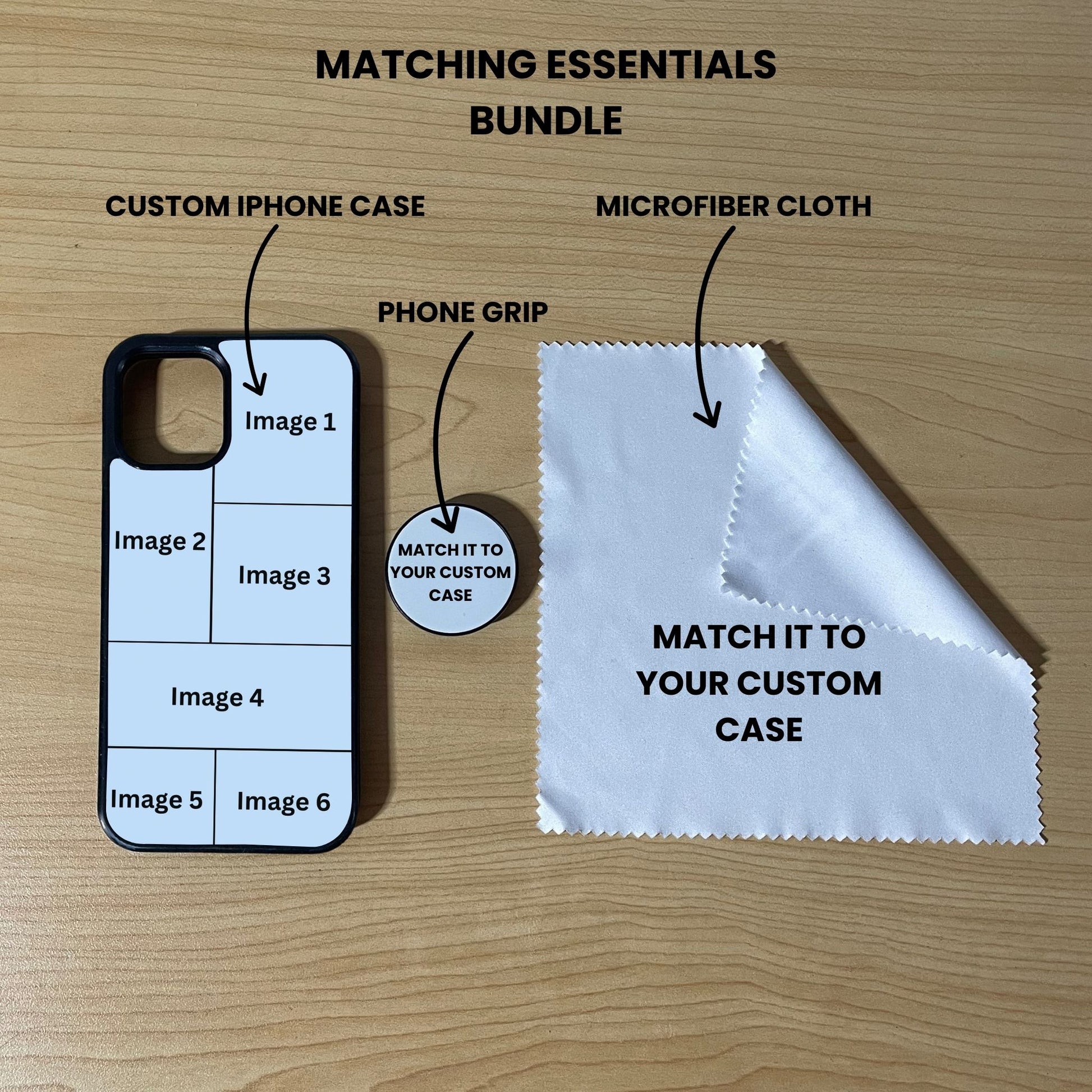 Custom 6 photo collage phone case, grip, and microfiber cloth showing bundle set and image placement on a wooden surface