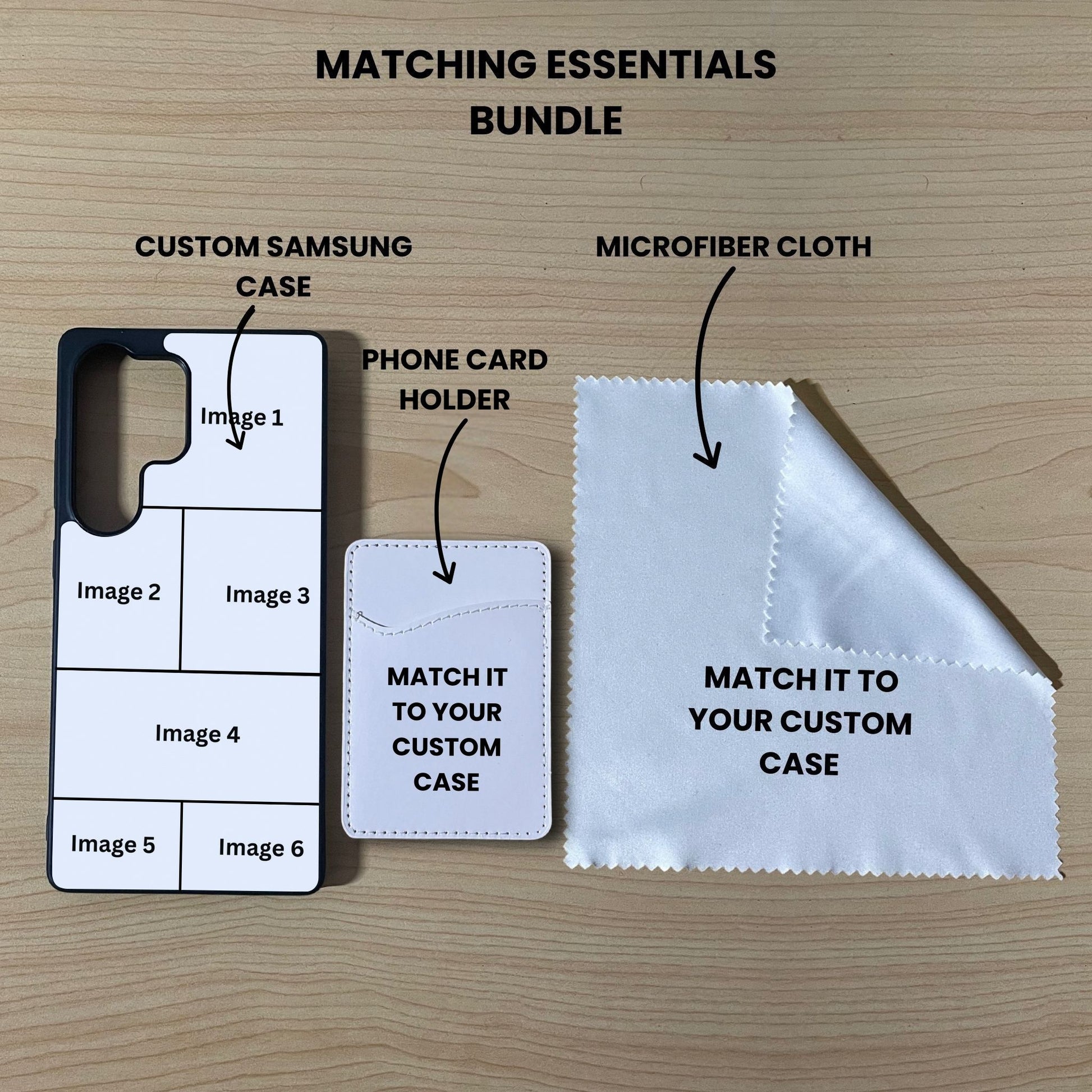 Custom 6 photo collage Samsung phone case, card holder, and microfiber cloth showing bundle set and image placement on a wooden surface