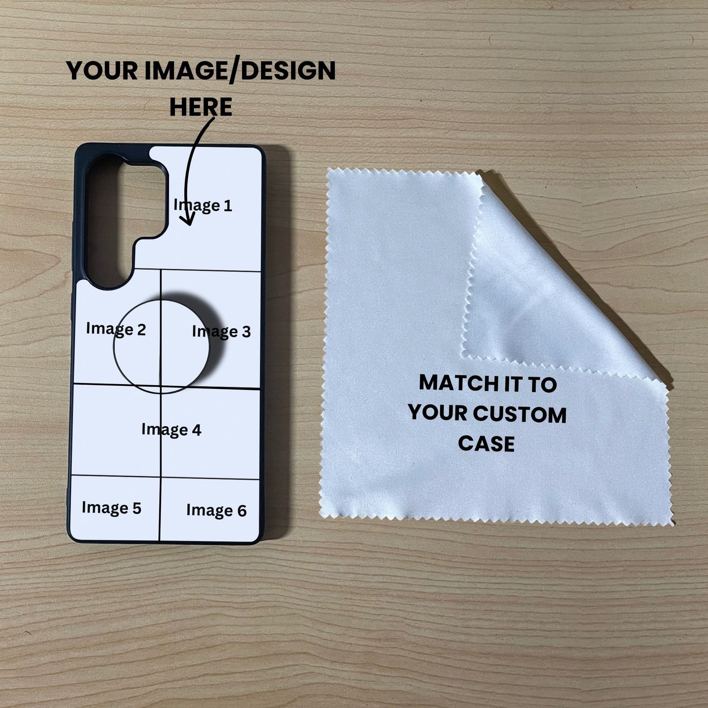 Custom 6 photo collage Samsung Galaxy case with phone grip and cleaning cloth on a wooden surface with text overlay showing image placement.