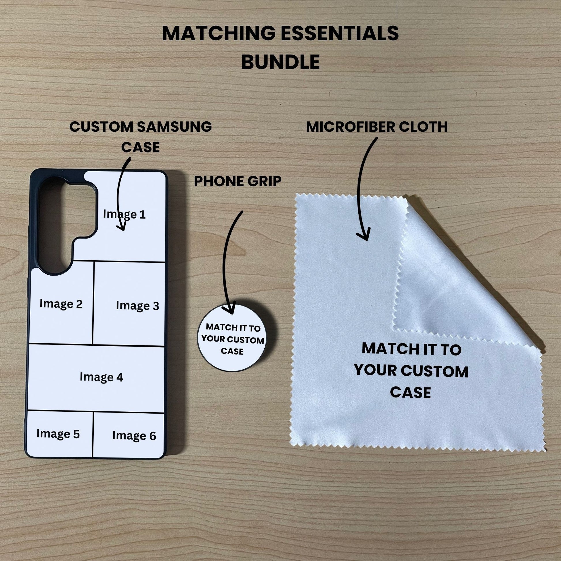 Custom 6 photo collage Samsung phone case, grip, and microfiber cloth showing bundle set and image placement on a wooden surface