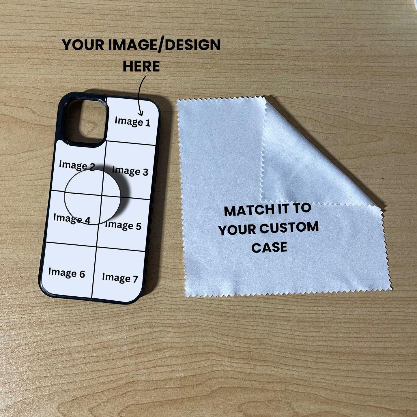 Custom 7 photo iPhone case with phone grip and cleaning cloth on a wooden surface with text overlay showing image placement.