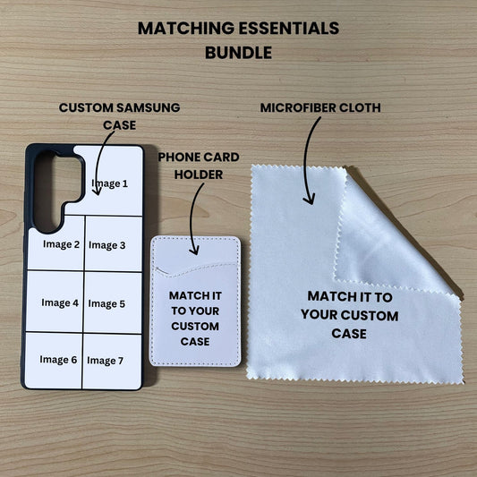 Custom 7 photo collage Samsung phone case, card holder, and microfiber cloth showing bundle set and image placement on a wooden surface