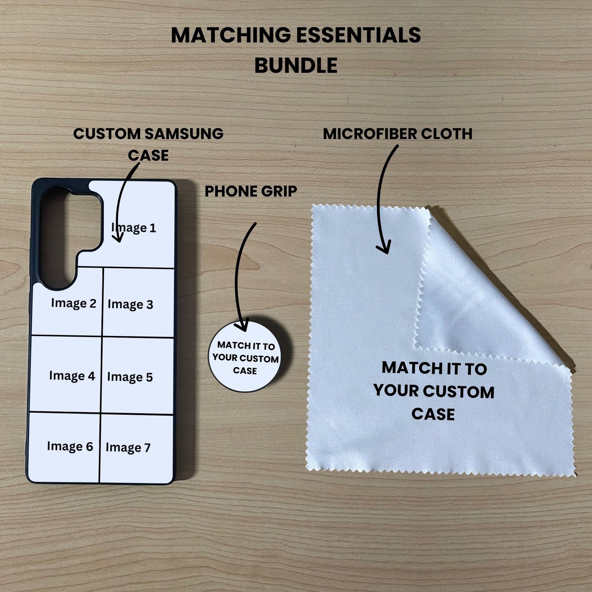 Custom 7 photo collage Samsung phone case, grip, and microfiber cloth showing bundle set and image placement on a wooden surface