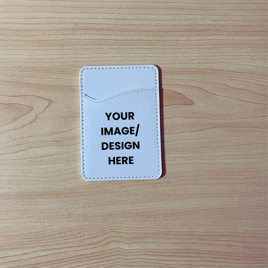 Custom adhesive card holder / wallet with text "Your image / design here" to show customization on a wooden surface