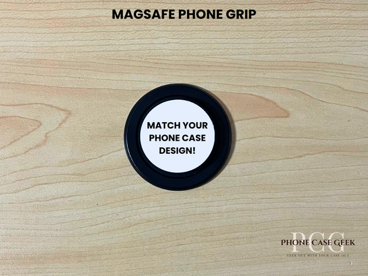 Custom black base Magsafe phone grip on a wooden surface with text "Match your phone case design" on a wooden surface.