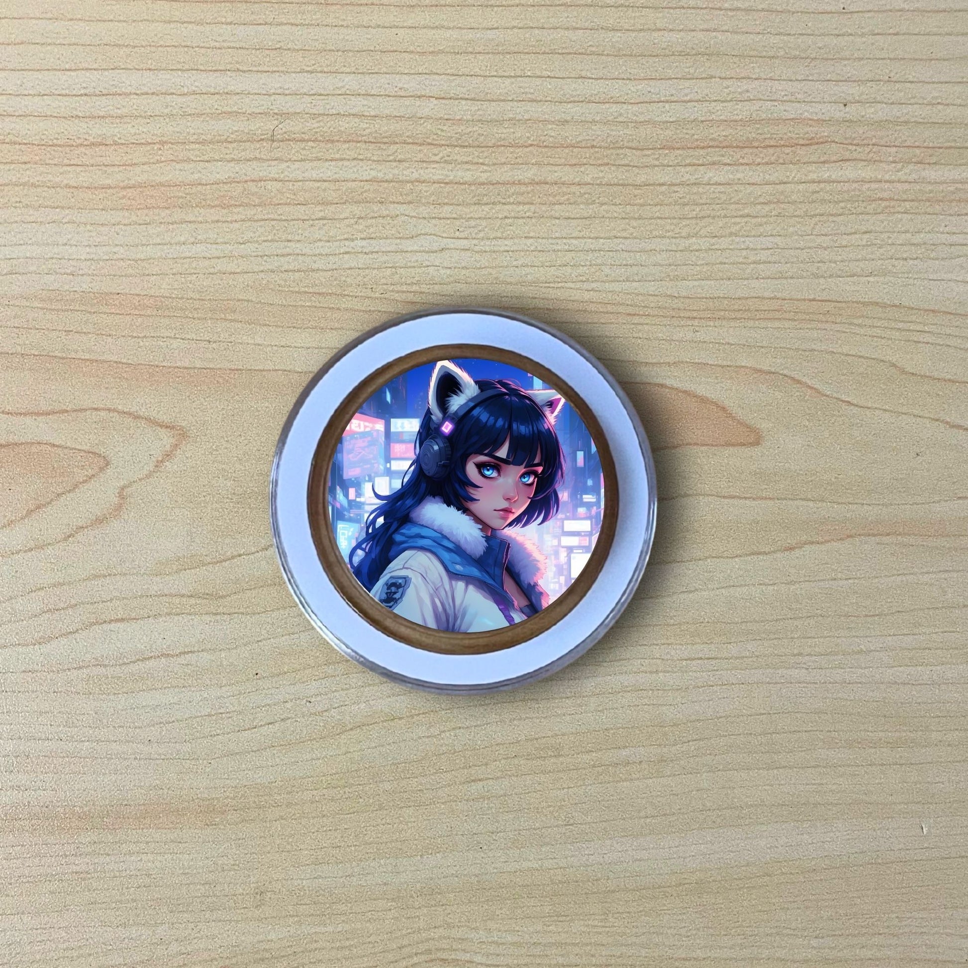 Custom clear base Magsafe phone grip with photo of an anime character on a wooden surface.
