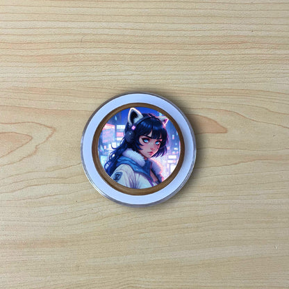 Custom clear base Magsafe phone grip with photo of an anime character on a wooden surface.