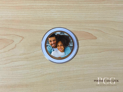 Custom clear base Magsafe phone grip with photo of a couple on a wooden surface.