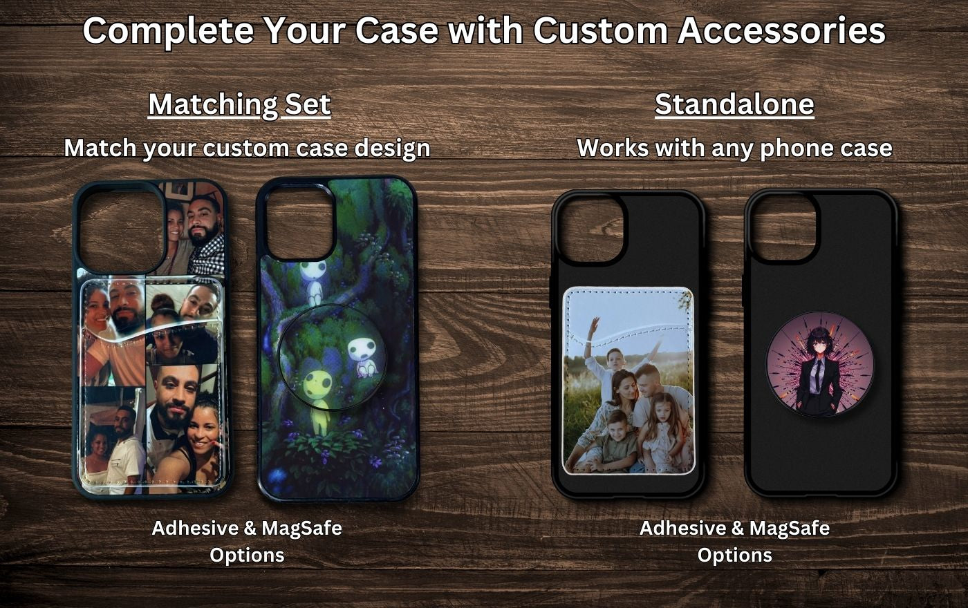 Custom MagSafe and adhesive phone grips and wallets - match phone case design or upload your own image.