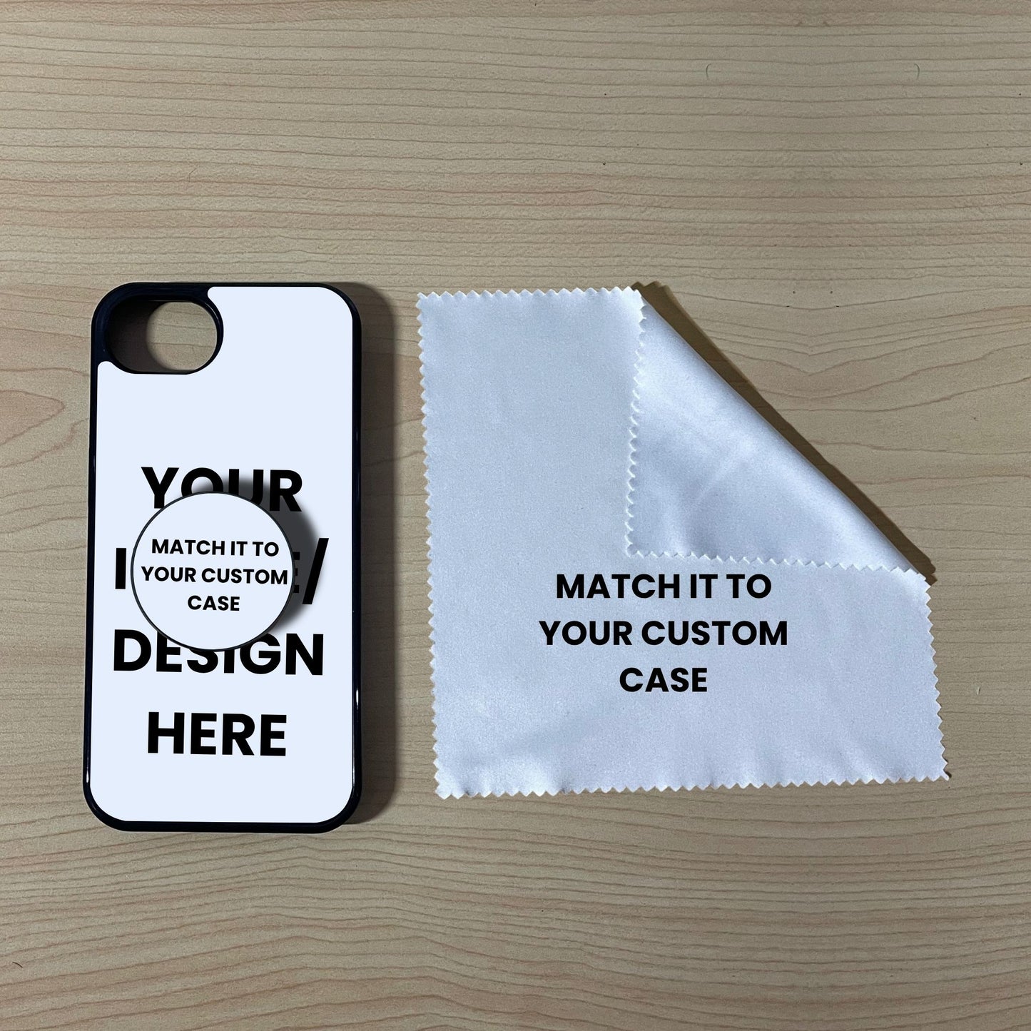 Custom iPhone 16e case with phone grip and cleaning cloth on a wooden surface with text overlay showing image placement.