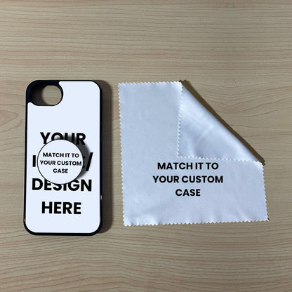 Custom iPhone 16e case with phone grip and cleaning cloth on a wooden surface with text overlay showing image placement.
