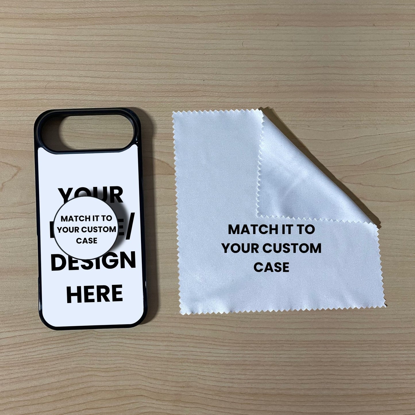 Custom iPhone 17 Air case with phone grip and cleaning cloth on a wooden surface with text overlay showing image placement.