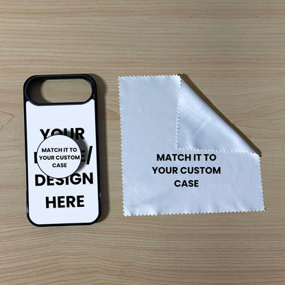 Custom iPhone 17 Air case with phone grip and cleaning cloth on a wooden surface with text overlay showing image placement.