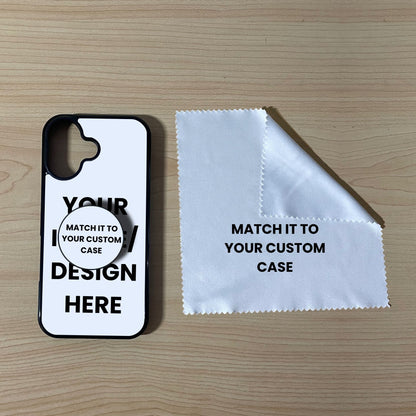 Custom iPhone 17 case with phone grip and cleaning cloth on a wooden surface with text overlay showing image placement.