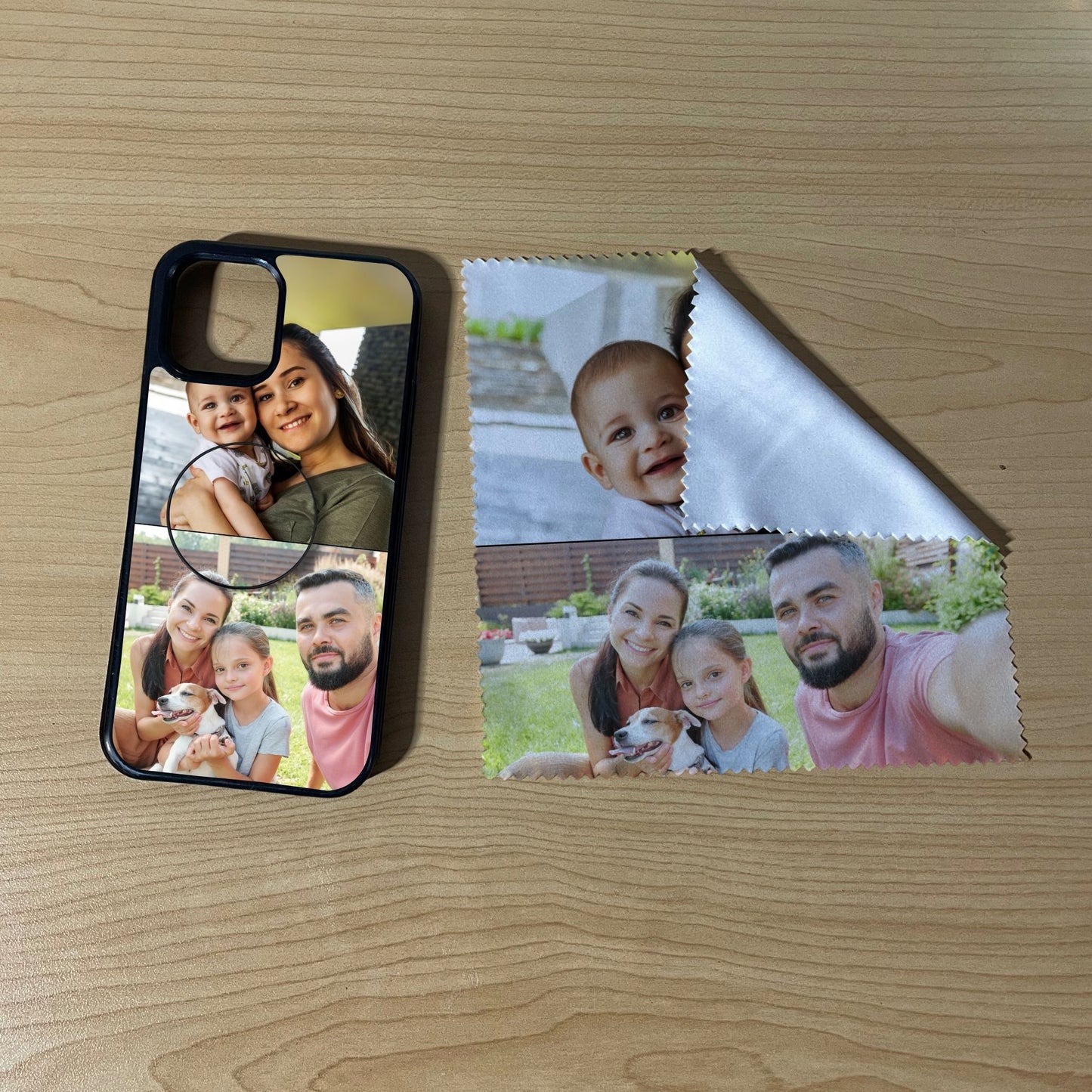 iPhone matching bundle set with a phone case, phone grip and microfiber cloth with 2 photo collage couple theme on a wooden surface