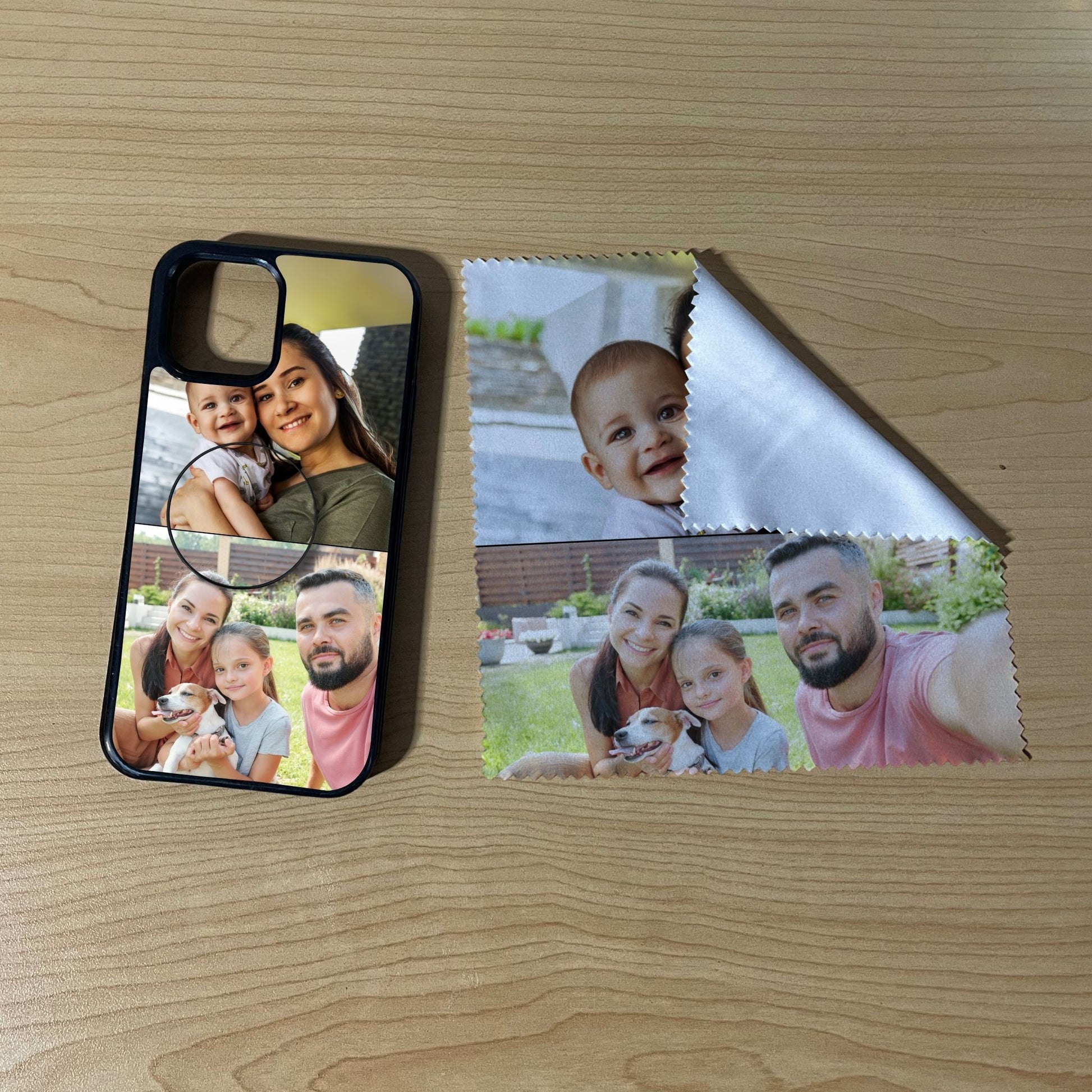 iPhone matching bundle set with a phone case, phone grip and microfiber cloth with 2 photo collage couple theme on a wooden surface