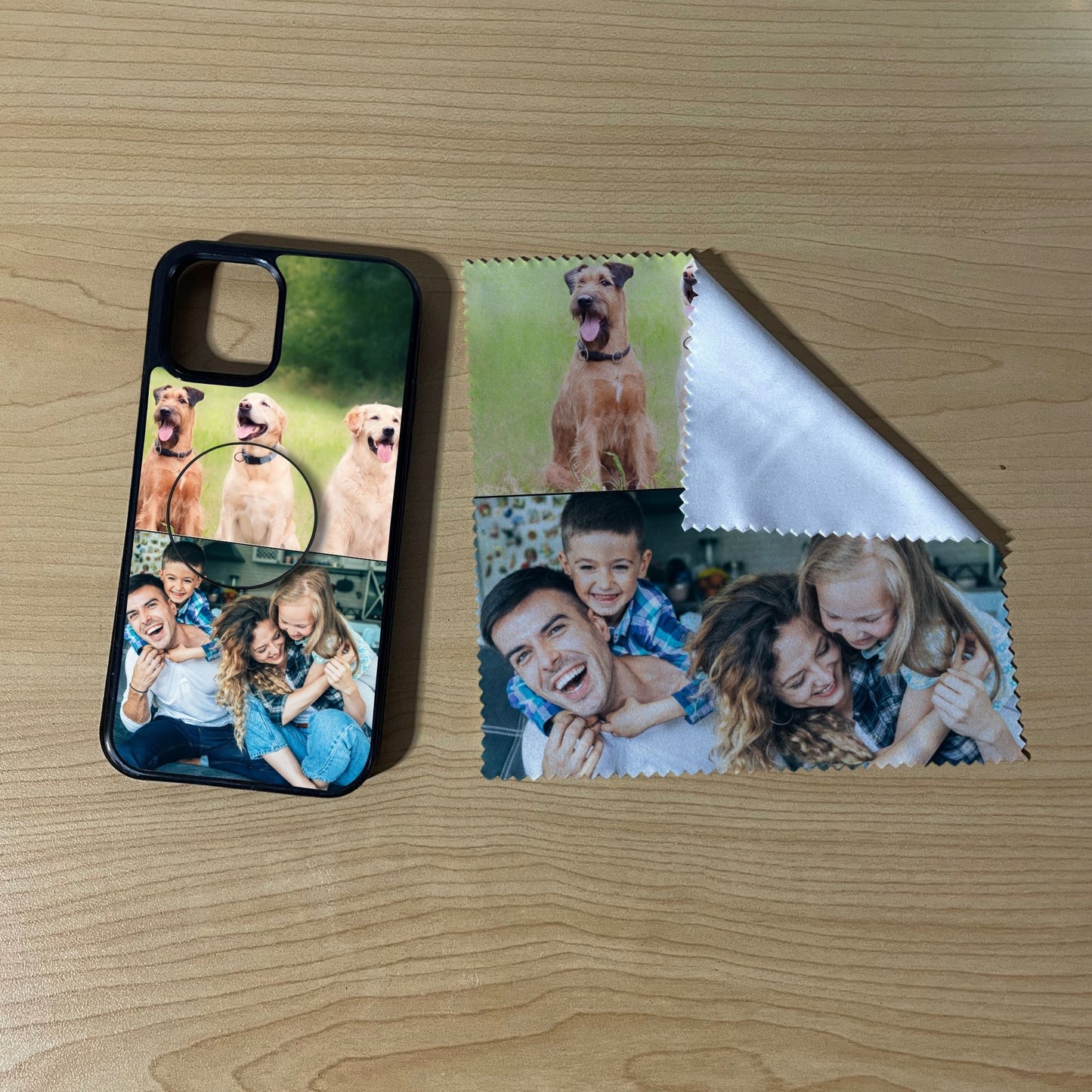 iPhone matching bundle set with a phone case, phone grip and microfiber cloth with 2 photo collage family theme on a wooden surface