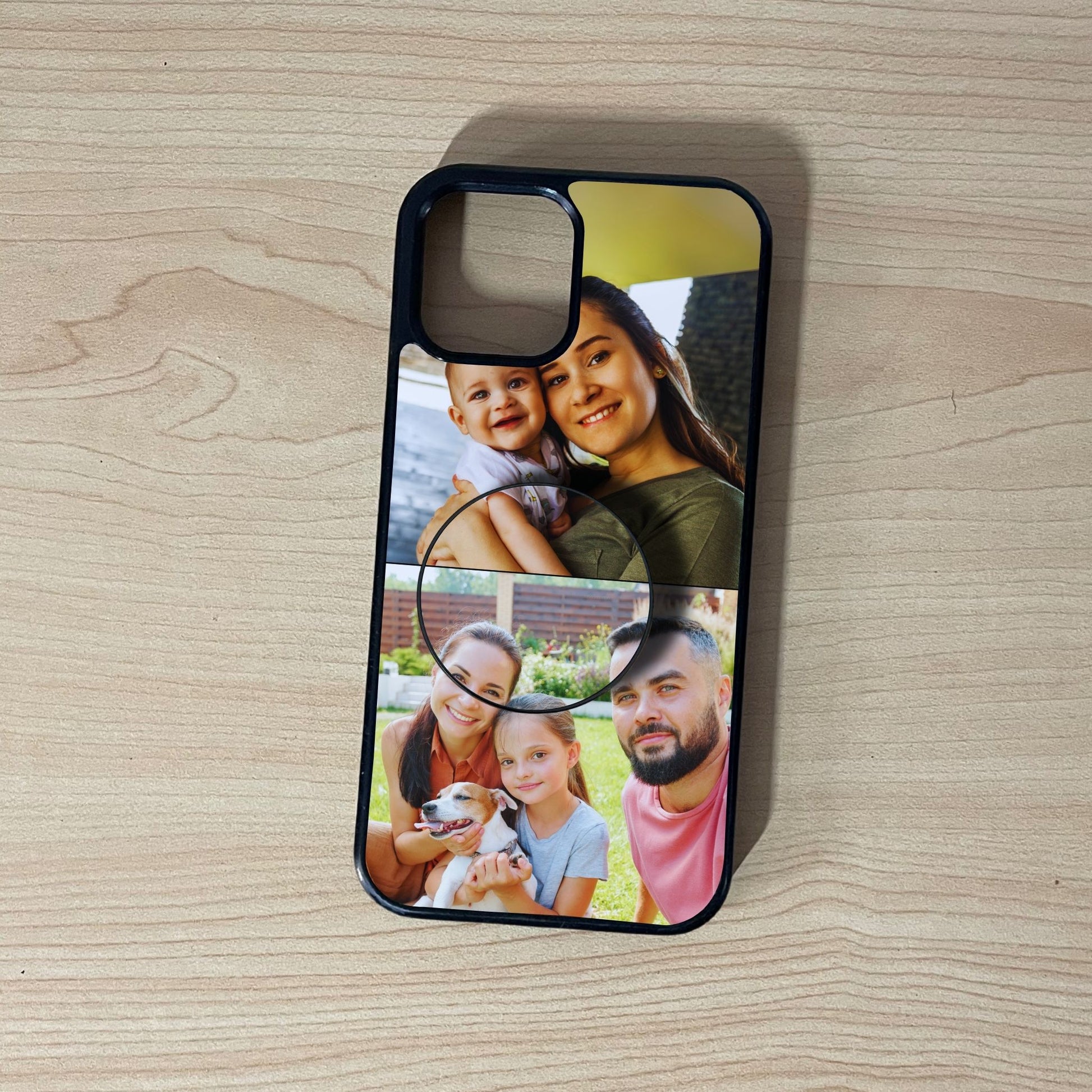 Custom iPhone case with 2 photo collage couple theme with matching phone grip attached on a wooden surface