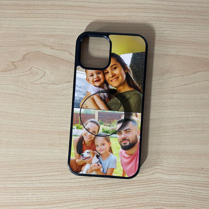 Custom iPhone case with 2 photo collage couple theme with matching phone grip attached on a wooden surface
