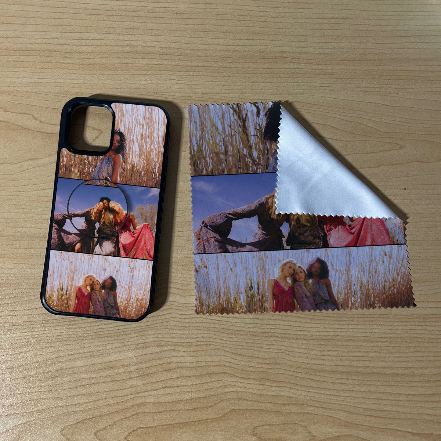 iPhone matching bundle set with a phone case, phone grip and microfiber cloth with 3 photo collage friends theme on a wooden surface