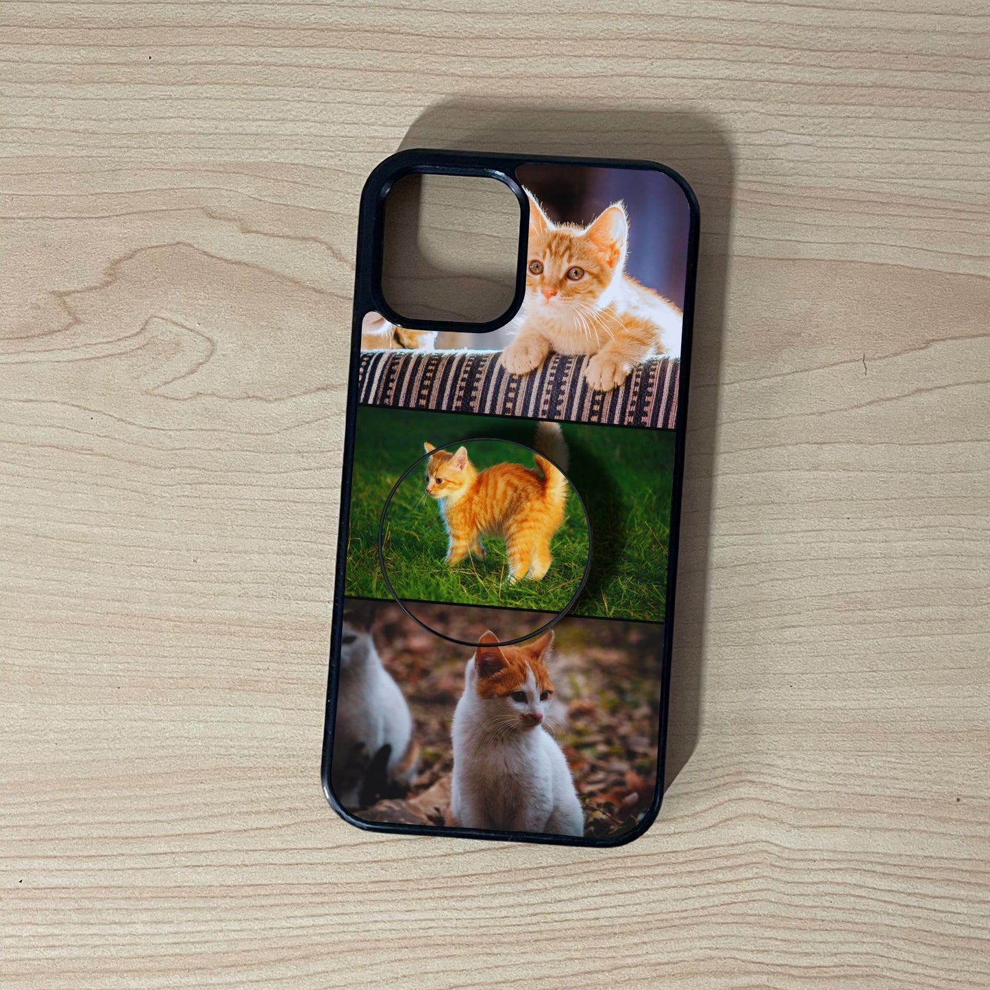 Custom iPhone case with 3 photo collage couple theme with matching phone grip attached on a wooden surface