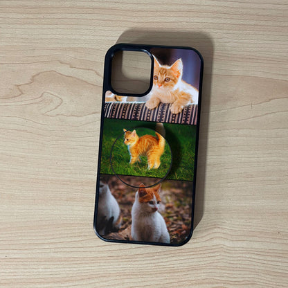 Custom iPhone case with 3 photo collage couple theme with matching phone grip attached on a wooden surface