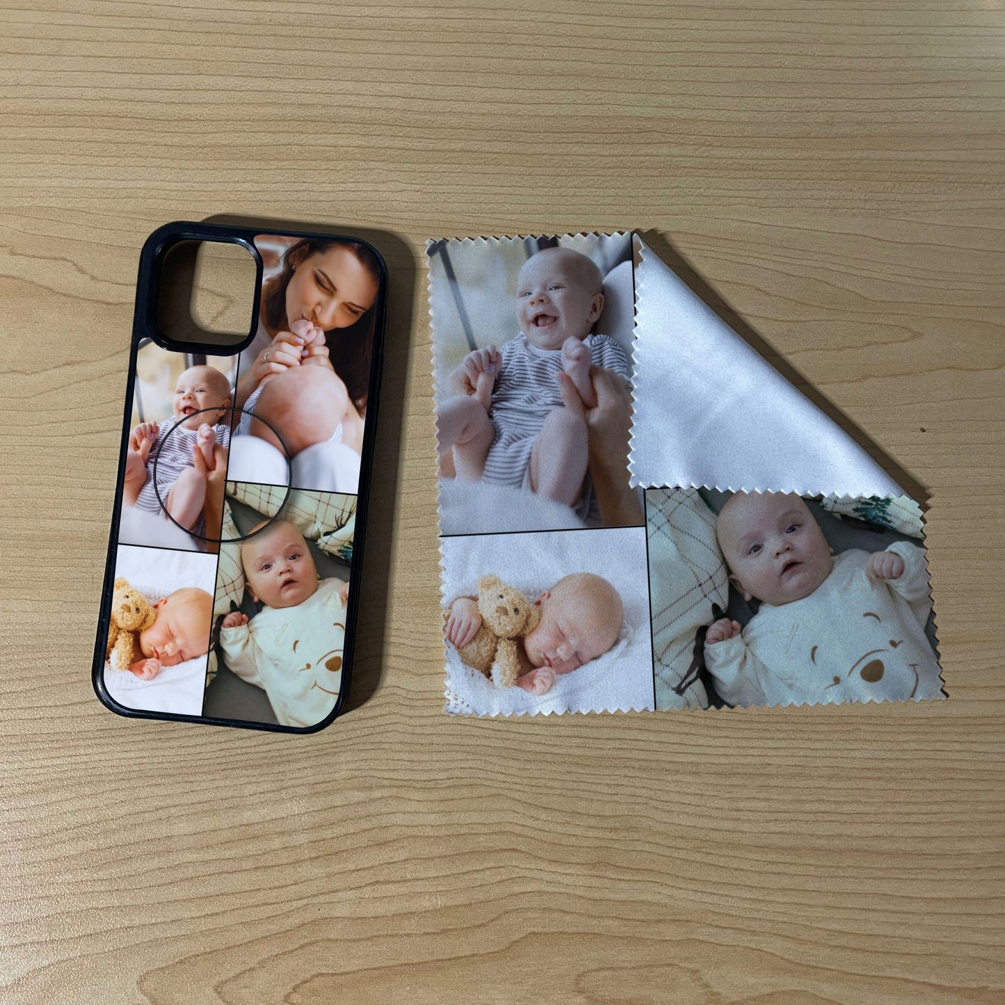 iPhone matching bundle set with a phone case, phone grip and microfiber cloth with 4 photo collage baby theme on a wooden surface