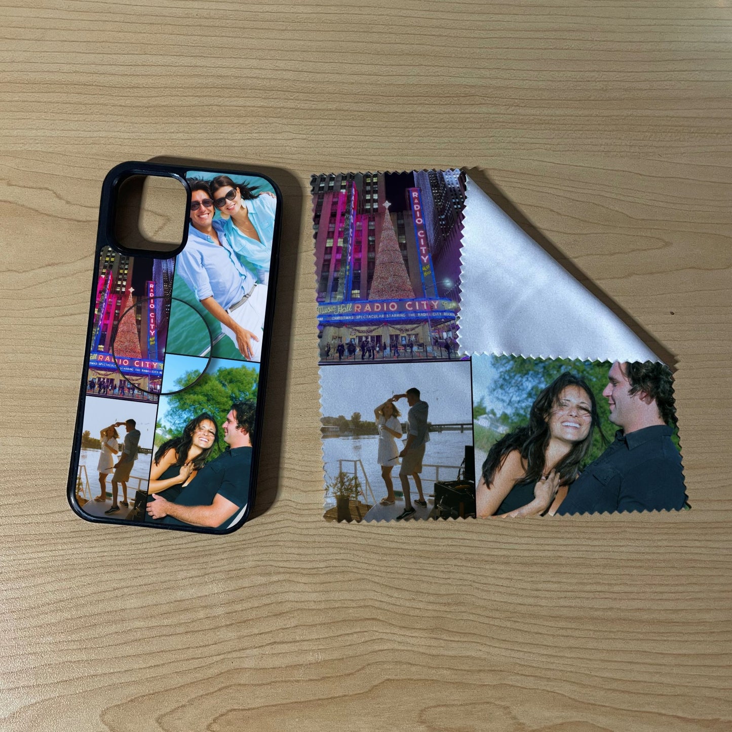 iPhone matching bundle set with a phone case, phone grip and microfiber cloth with 4 photo collage couple theme on a wooden surface