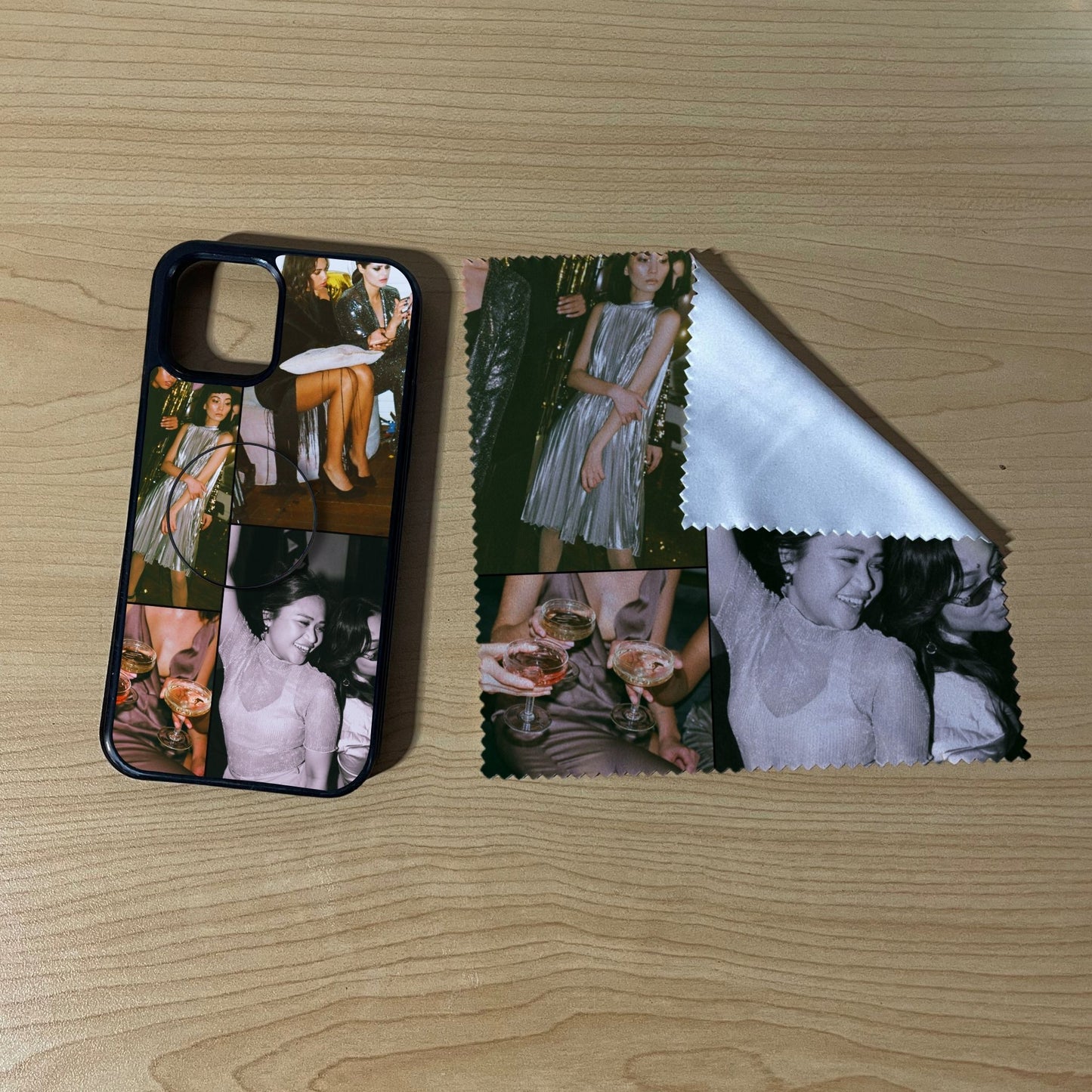 iPhone matching bundle set with a phone case, phone grip and microfiber cloth with 4 photo collage friends theme on a wooden surface