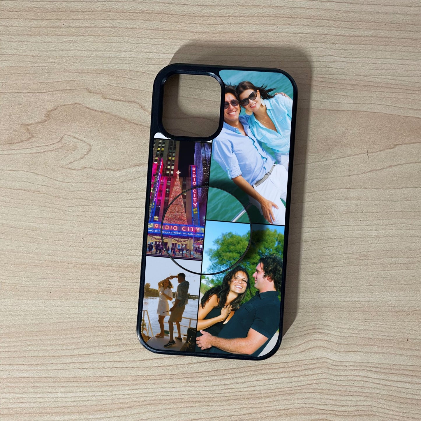 Custom iPhone case with 4 photo collage couple theme with matching phone grip attached on a wooden surface