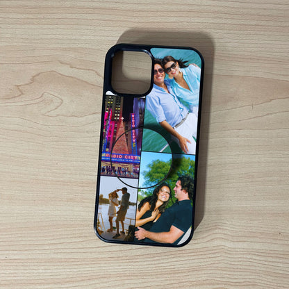 Custom iPhone case with 4 photo collage couple theme with matching phone grip attached on a wooden surface