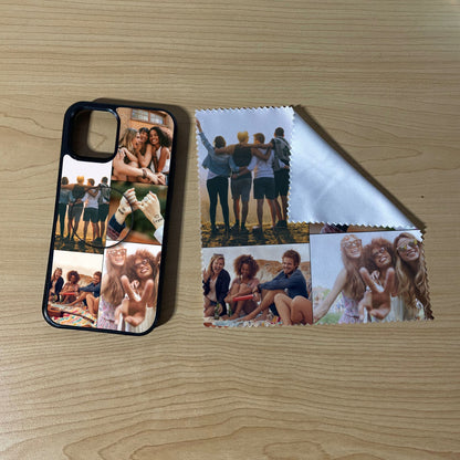 iPhone matching bundle set with a phone case, phone grip and microfiber cloth with 5 photo collage friends theme on a wooden surface