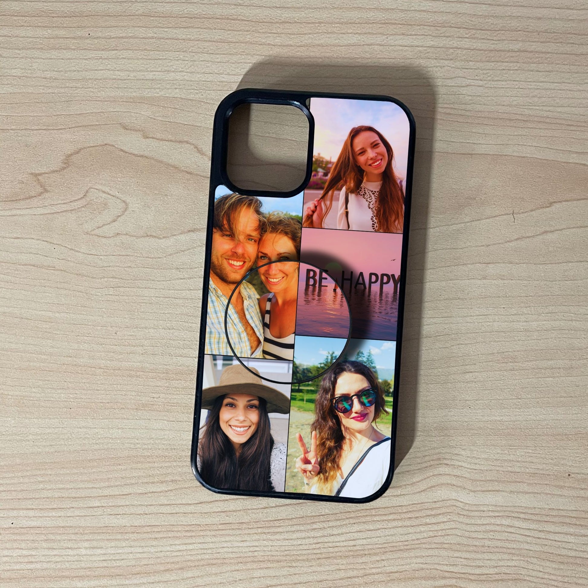 Custom iPhone case with 5 photo collage couple theme with matching phone grip attached on a wooden surface