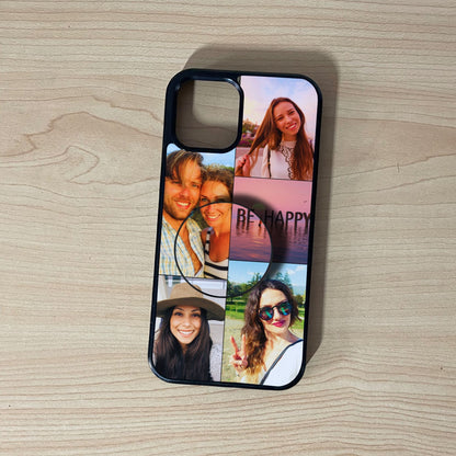 Custom iPhone case with 5 photo collage couple theme with matching phone grip attached on a wooden surface