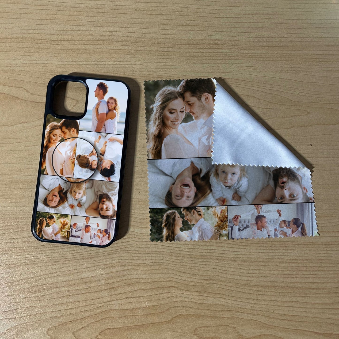 iPhone matching bundle set with a phone case, phone grip and microfiber cloth with 6 photo collage family theme on a wooden surface