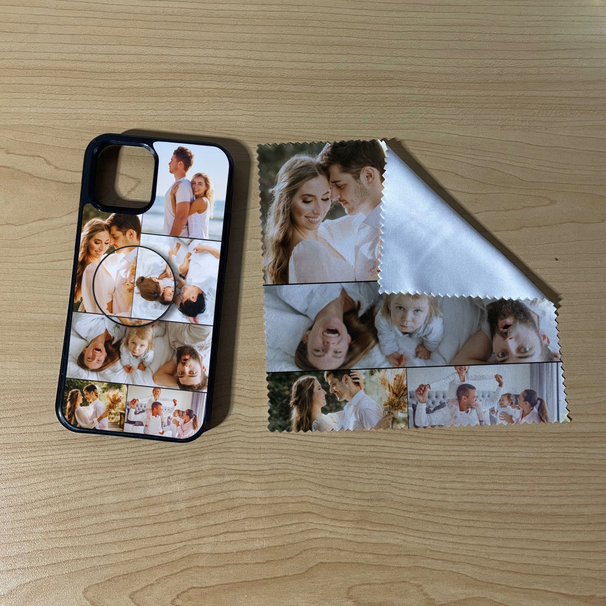 iPhone matching bundle set with a phone case, phone grip and microfiber cloth with 6 photo collage family theme on a wooden surface