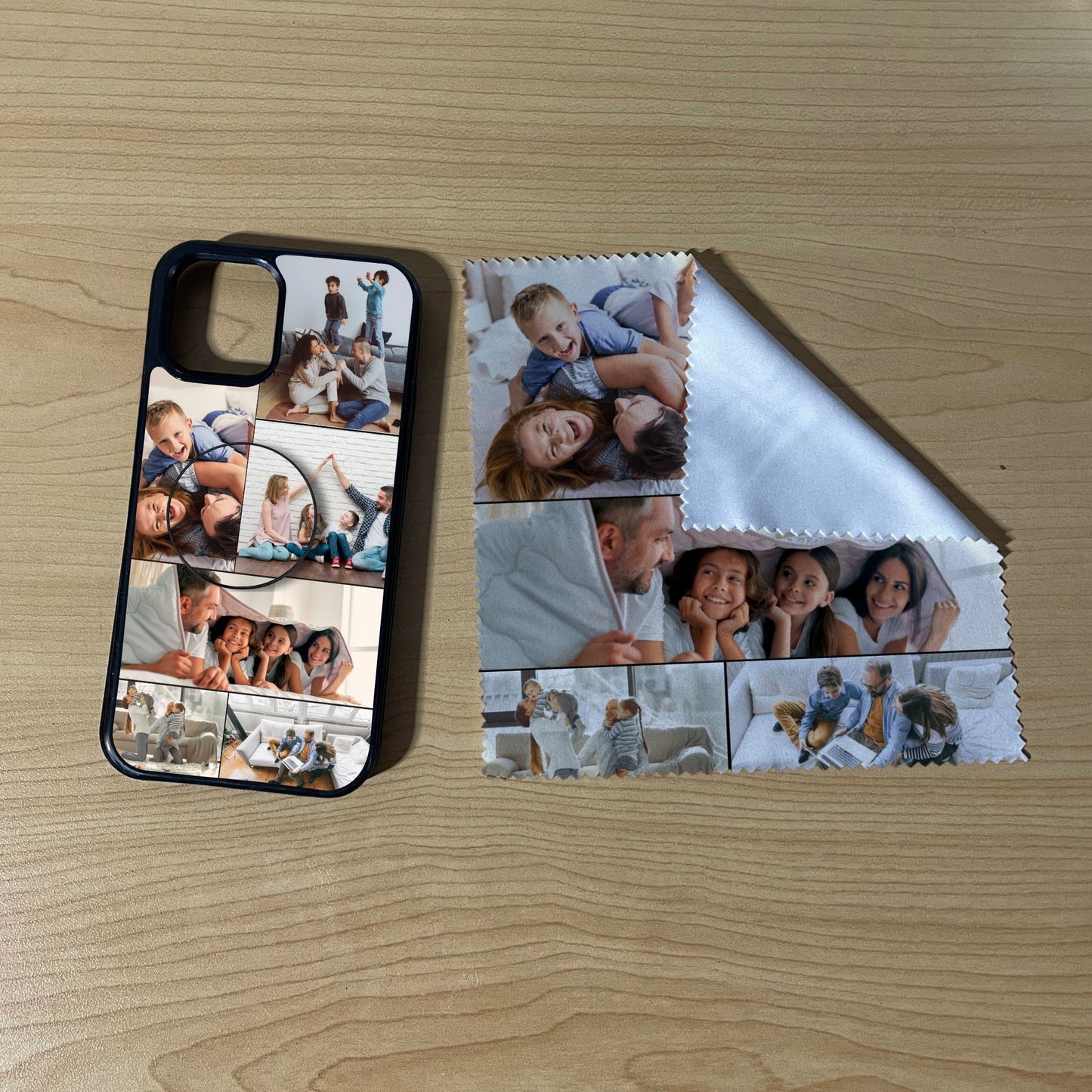 iPhone matching bundle set with a phone case, phone grip and microfiber cloth with 6 photo collage family theme on a wooden surface