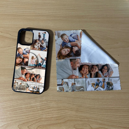 iPhone matching bundle set with a phone case, phone grip and microfiber cloth with 6 photo collage family theme on a wooden surface