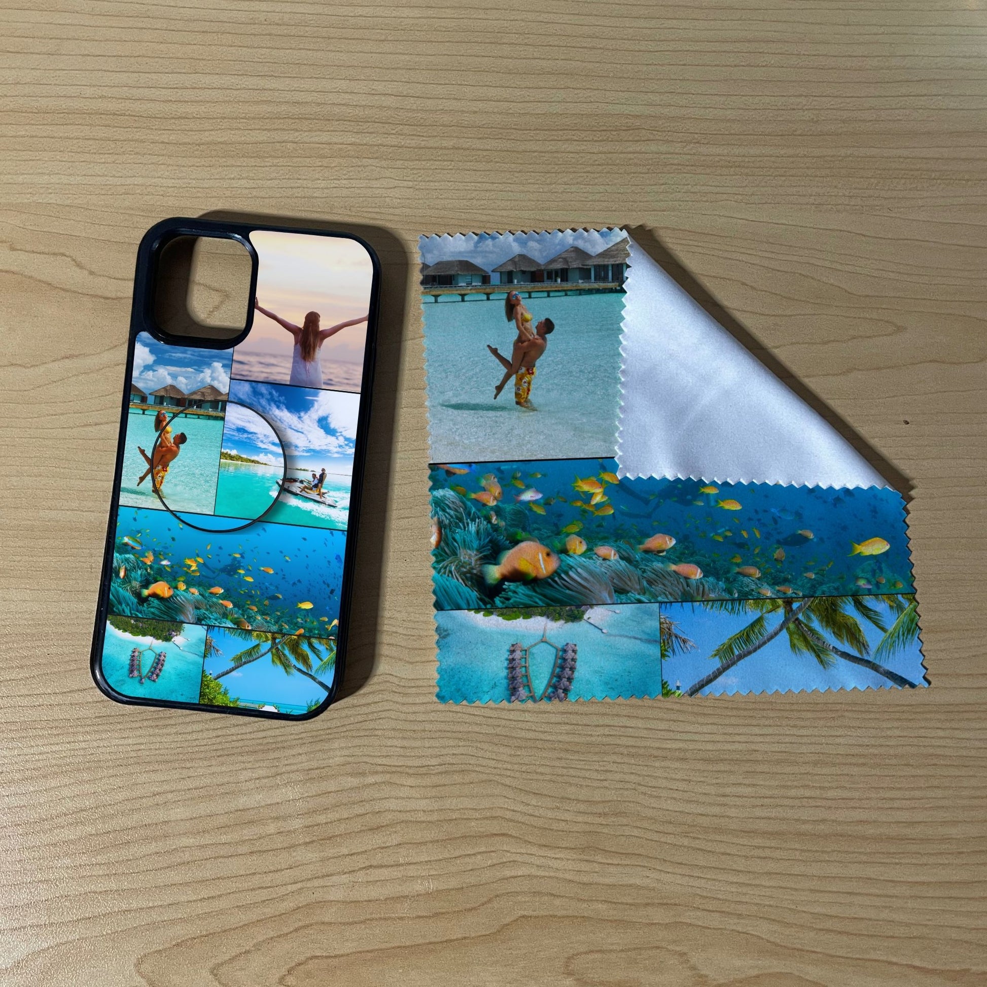 iPhone matching bundle set with a phone case, phone grip and microfiber cloth with 6 photo collage vacation theme on a wooden surface