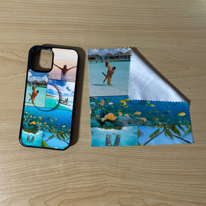 iPhone matching bundle set with a phone case, phone grip and microfiber cloth with 6 photo collage vacation theme on a wooden surface