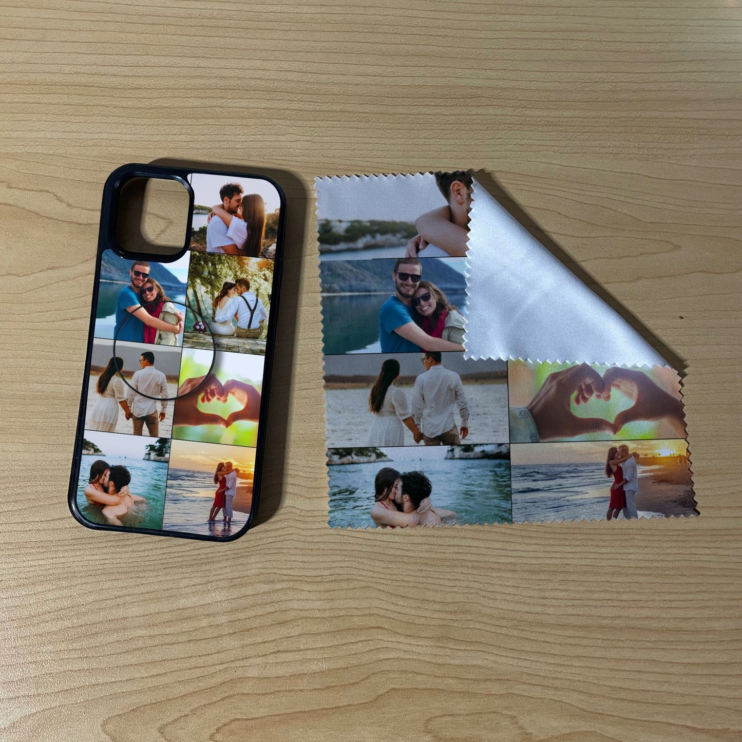 iPhone matching bundle set with a phone case, phone grip and microfiber cloth with 7 photo collage couple design on a wooden surface