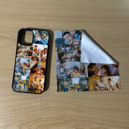 iPhone matching bundle set with a phone case, phone grip and microfiber cloth with 7 photo collage family design on a wooden surface