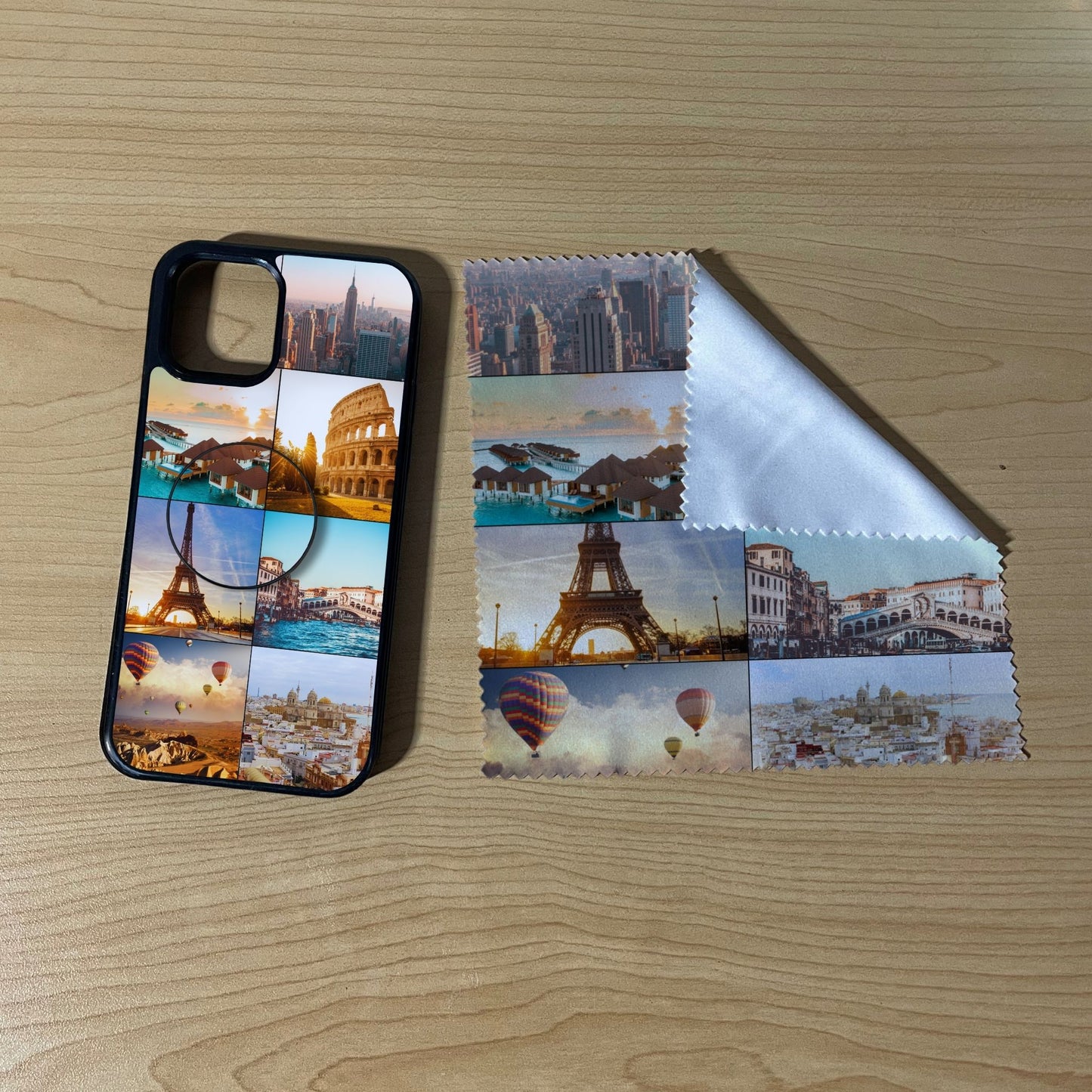 iPhone matching bundle with a phone case, phone grip and microfiber cloth with 7 photo collage travel-themed design on a wooden surface