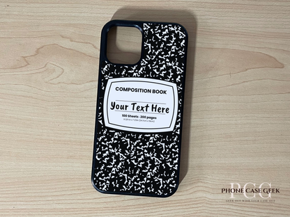 Custom iPhone case with black and white composition book design  with "Your text here" written on a wooden surface