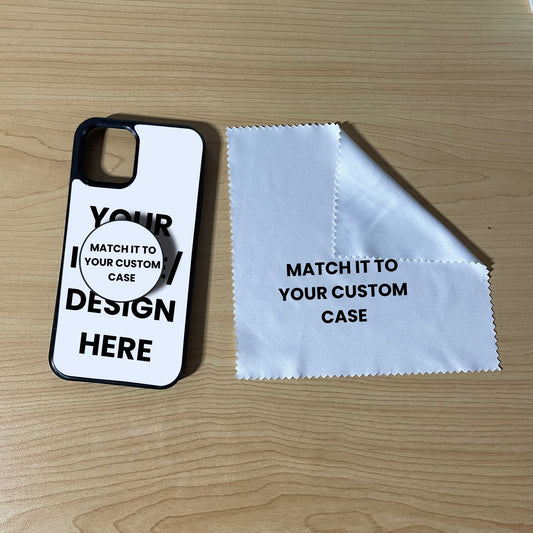 Custom iPhone case with phone grip and cleaning cloth on a wooden surface with text overlay showing image placement.