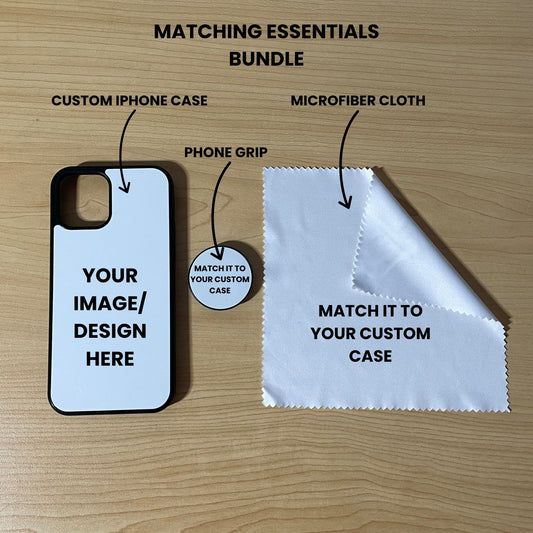 Custom phone case, grip, and microfiber cloth showing bundle set and image placement on a wooden surface