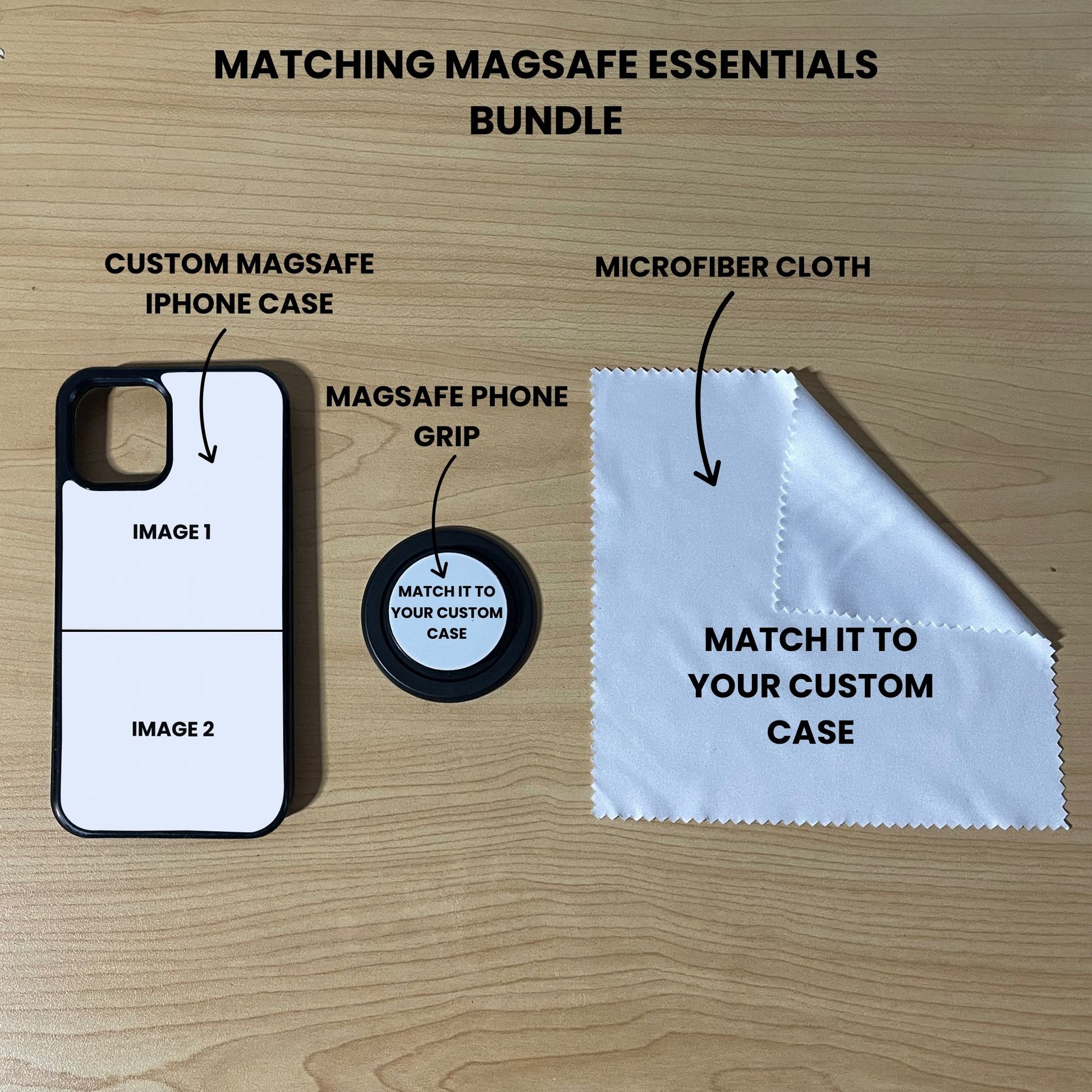 Custom Magsafe 2 photo collage iPhone case, grip, and microfiber cloth showing bundle set and image placement on a wooden surface