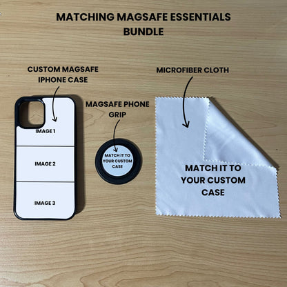 Custom Magsafe 3 photo collage iPhone case, grip, and microfiber cloth showing bundle set and image placement on a wooden surface
