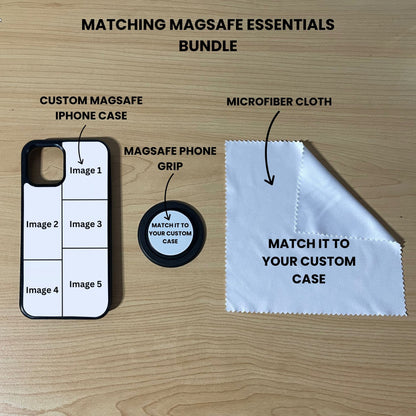 Custom Magsafe 5 photo collage iPhone case, grip, and microfiber cloth showing bundle set and image placement on a wooden surface