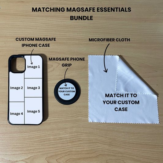 Custom Magsafe 5 photo collage iPhone case, grip, and microfiber cloth showing bundle set and image placement on a wooden surface